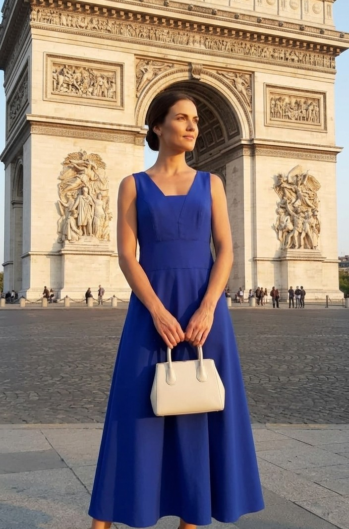 Vestido Midi Azul Royal com Decote V Teodoro Salazar
