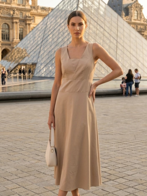 Vestido Midi Nude com Decote V  Teodoro Salazar