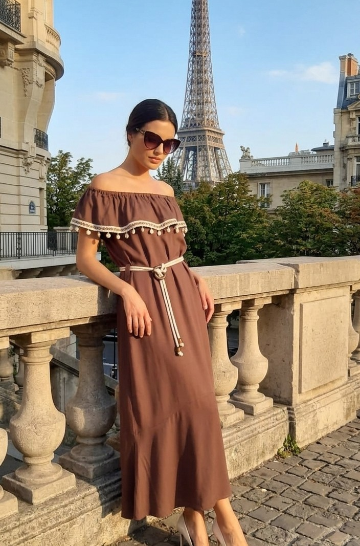 Vestido Midi Marrom com Decote Ombro a Ombro Teodoro Salazar