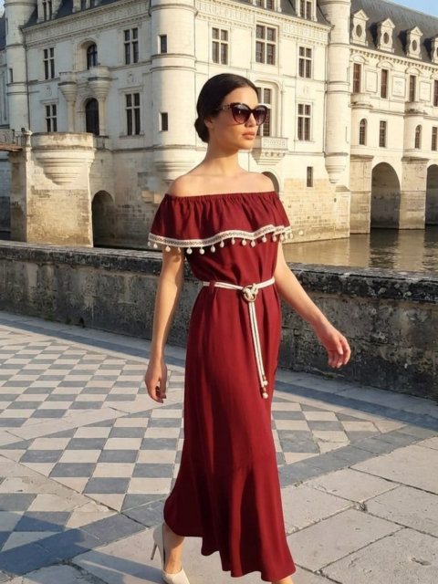 Vestido Midi Marsala Ombro a Ombro Teodoro Salazar