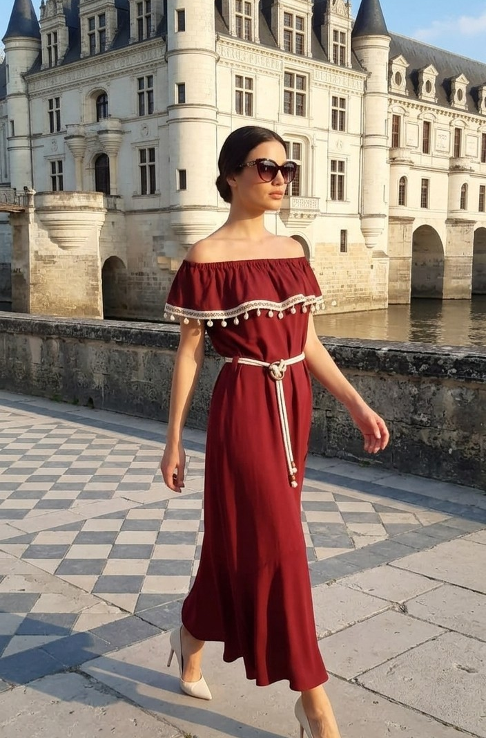 Vestido Midi Marsala Ombro a Ombro Teodoro Salazar