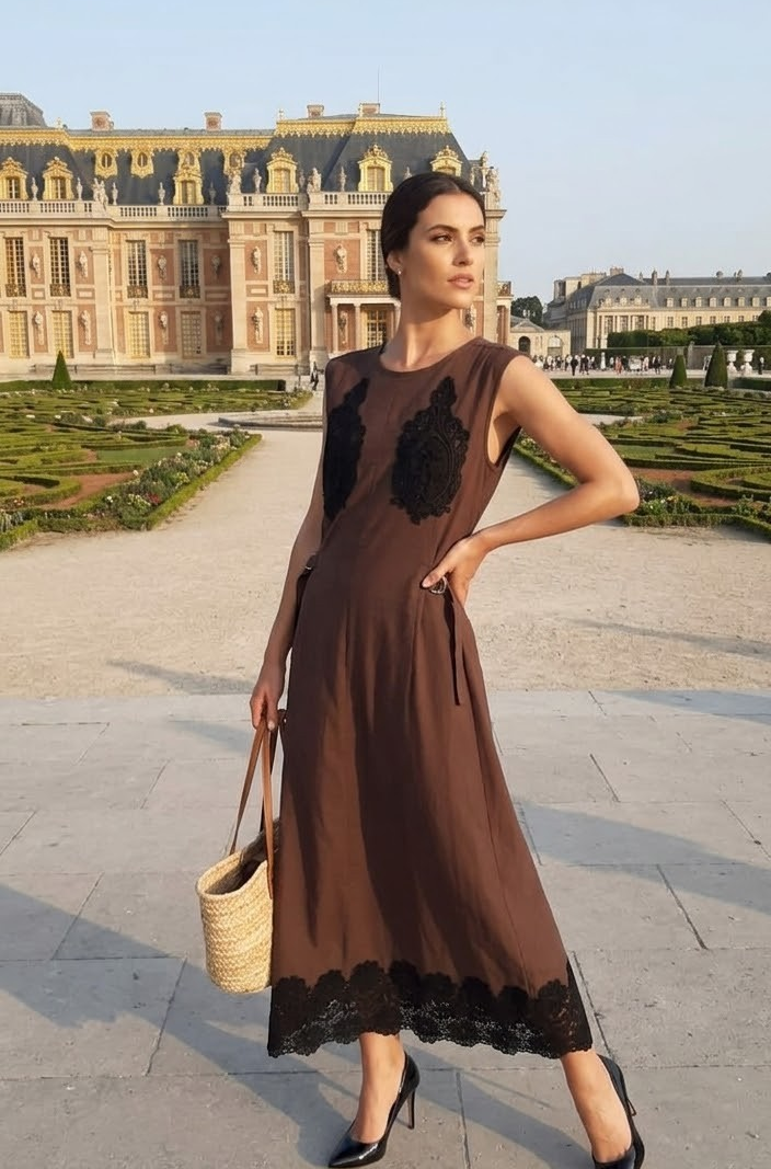 Vestido Midi Marrom com Aplicações em Renda Teodoro Salazar
