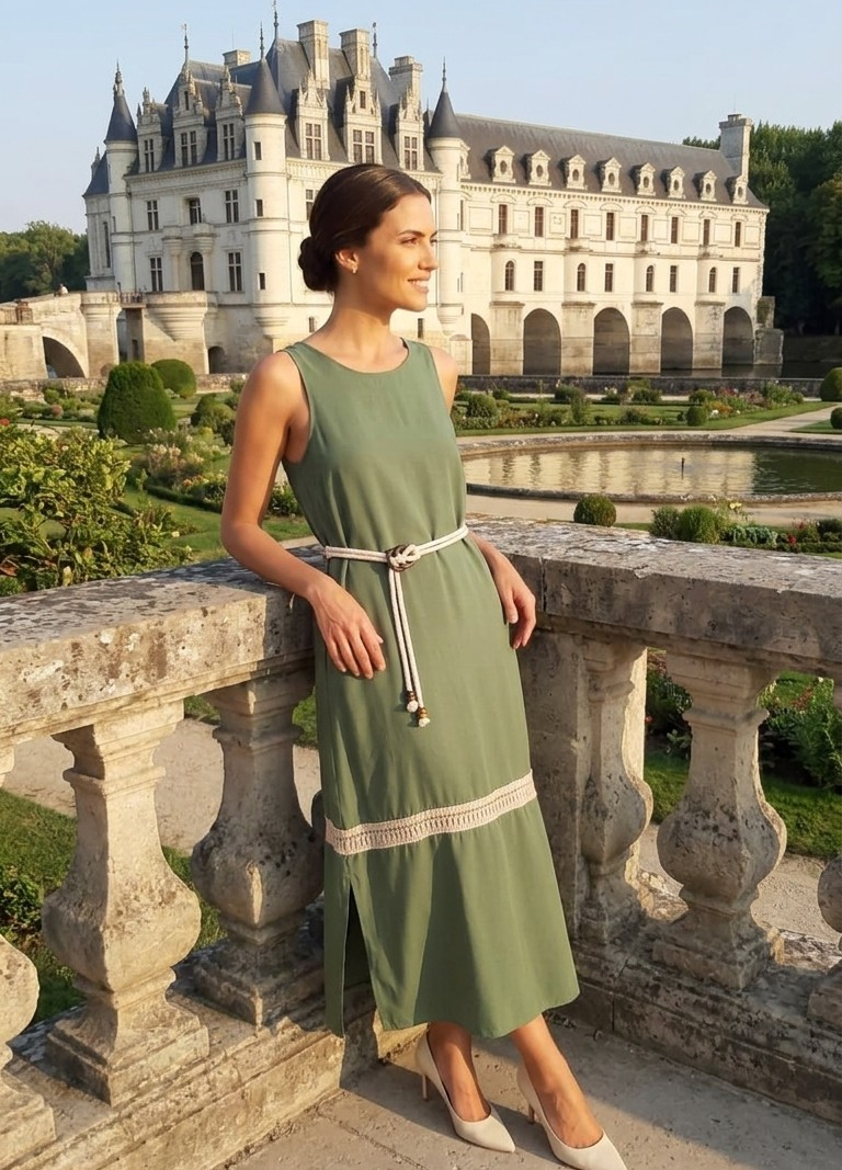 Vestido Midi Verde Sálvia com Faixa Teodoro Salazar
